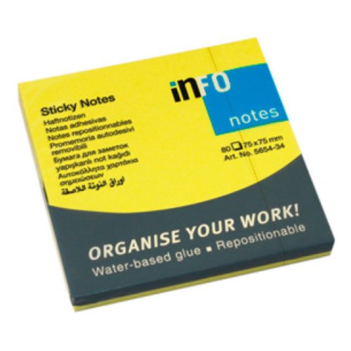 Jegyzettömb öntapadó, 75x75mm, 80lap, Info Notes brilliant sárga