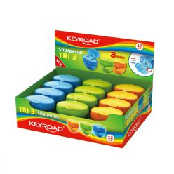   Hegyező 3 lyukú tartályos, fedeles 12 db/display Keyroad Tris vegyes színek