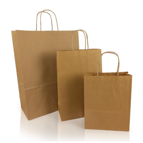 Sodrottfüles papírtáska 320x420mm 150mm talp L méret 200 db/doboz, bordázott barna