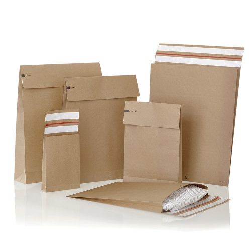 Csomagküldő webshop tasak 400x500x100mm, erős kraft papírból 100 db/doboz, E-green barna