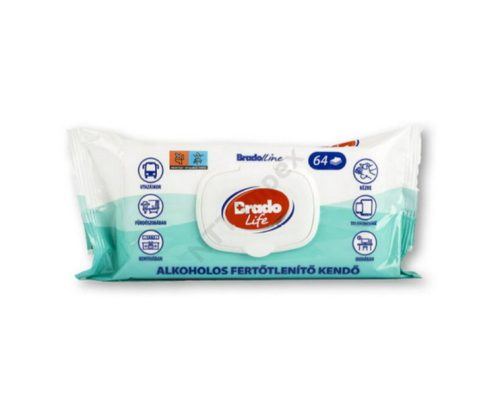 Nedves törlőkendő fertőtlenítő hatással 64 lap/csomag Bradolife