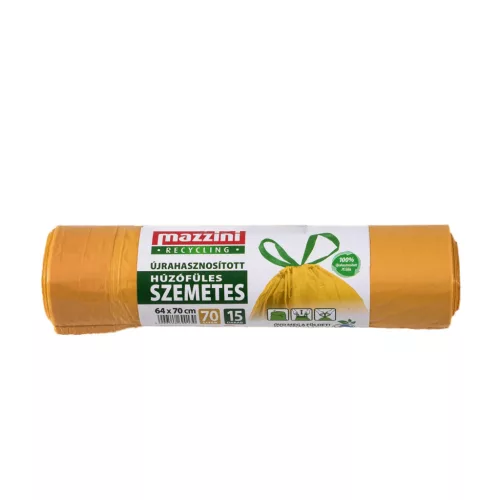 Szemeteszsák zárószalagos 70 liter 64 x 70 cm 15 db/tekercs újrahasznosított Mazzini_sárga
