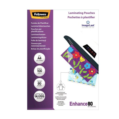 Lamináló fólia, A4, 80 mikron, fényes, öntapadó hátlappal, 100 db/doboz, Fellowes®
