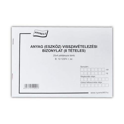 Készlet visszavételezési bizonylat 8 tételes 25x4 lapos tömb A/5 fekvő B.12-123/V Bluering