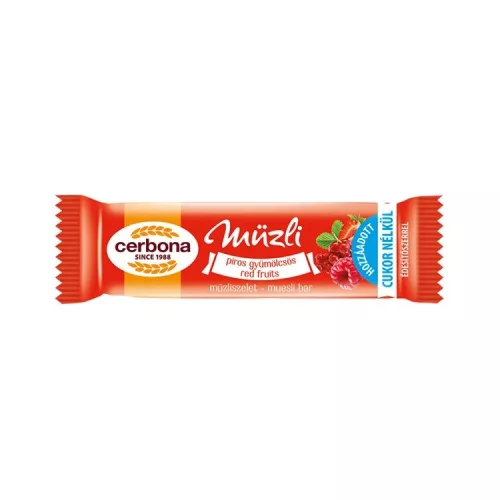 Müzliszelet 20 g, CERBONA, piros gyümölcs hozzáadott cukor nélkül