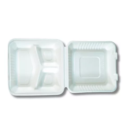Papírdoboz ételes 3 részes HP4, 23 x 23 x 8cm komposztálható cukornád 100 db/csomag, natúr