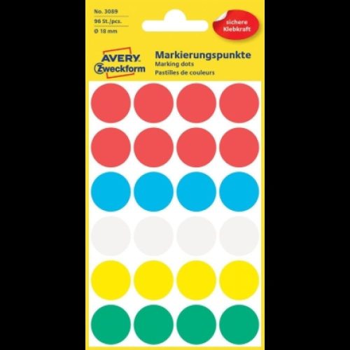 Etikett címke, o18mm, jelölésre, 5 klf. szín 24 címke/ív, 4 ív/doboz, Avery vegyes