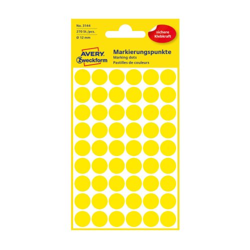 Etikett címke, o12mm, jelölésre, 54 címke/ív, 5 ív/doboz, Avery sárga