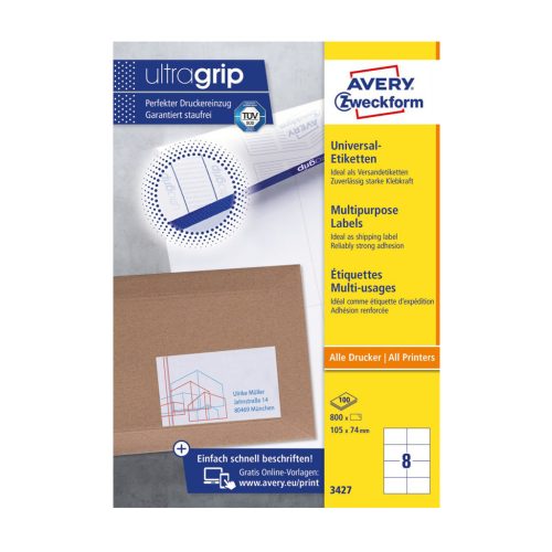 Etikett címke, 105 x74mm, univerzális, 8 címke/ív, 100 ív/doboz, Avery fehér