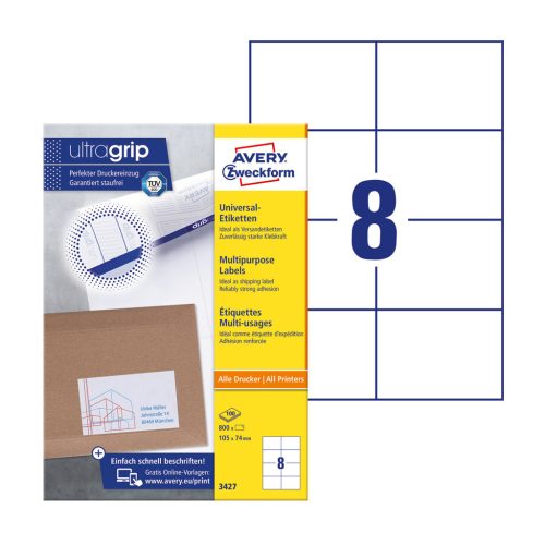 Etikett címke, 105 x74mm, univerzális, 8 címke/ív, 100 ív/doboz, Avery fehér