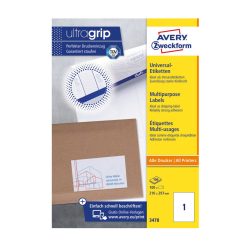   Etikett címke, 210 x297mm, univerzális, 1 címke/ív, 100 ív/doboz, Avery fehér