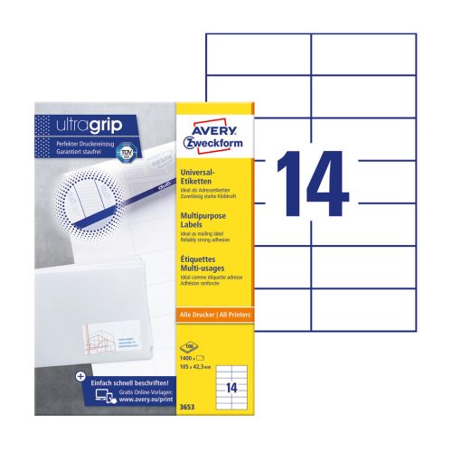Etikett címke, 105 x42,3mm, univerzális, 14 címke/ív, 100 ív/doboz, Avery fehér