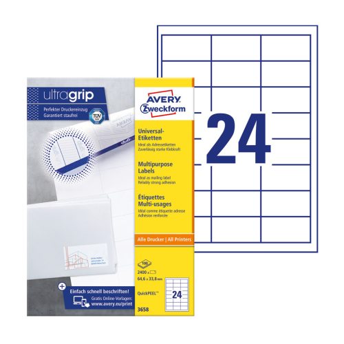 Etikett címke, 64,6 x33,8mm, univerzális, 24 címke/ív, 100 ív/doboz, Avery fehér