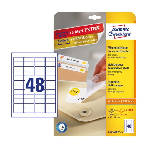 Etikett címke, 45,7 x21,2mm, univerzális visszaszedhető, 48 címke/ív, 25 ív/doboz, Avery fehér
