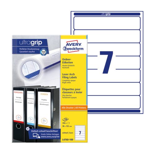 Etikett címke, 192 x38mm, iratrendezőre 7 címke/ív, 100 ív/doboz, Avery fehér
