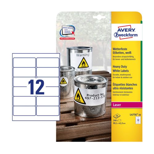 Etikett címke, 99,1 x42,3mm, időjárásálló poliészter, 12 címke/ív, 20 ív/doboz, Avery fehér