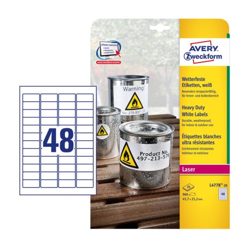 Etikett címke, 45,7 x21,2mm, időjárásálló poliészter, 48 címke/ív, 20 ív/doboz, Avery fehér