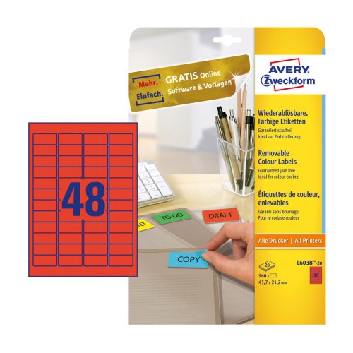 Etikett címke, 45,7 x21,2mm, univerzális visszaszedhető, 48 címke/ív, 20 ív/doboz, Avery piros