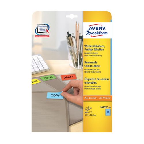 Etikett címke, 45,7 x21,2mm, univerzális visszaszedhető, 48 címke/ív, 20 ív/doboz, Avery kék