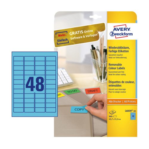 Etikett címke, 45,7 x21,2mm, univerzális visszaszedhető, 48 címke/ív, 20 ív/doboz, Avery kék