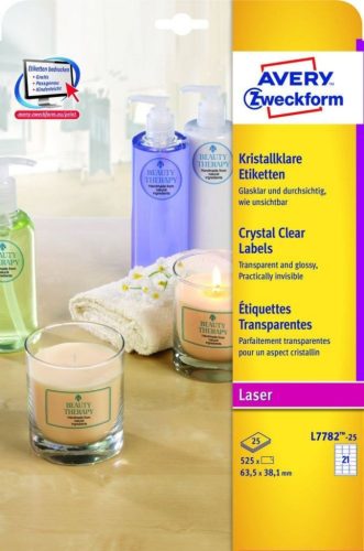 Etikett címke, 63,5 x38,1mm,víztiszta, 21 címke/ív, 25 ív/doboz, Avery átlátszó