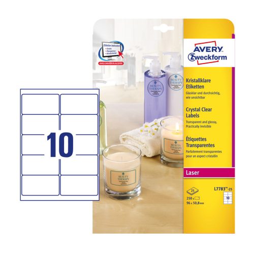 Etikett címke, 96 x50,8mm,víztiszta, 10 címke/ív, 25 ív/doboz, Avery átlátszó