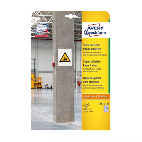 Etikett címke, 25,4 x10mm, szuper tapadású 189 címke/ív, 20 ív/doboz, Avery fehér