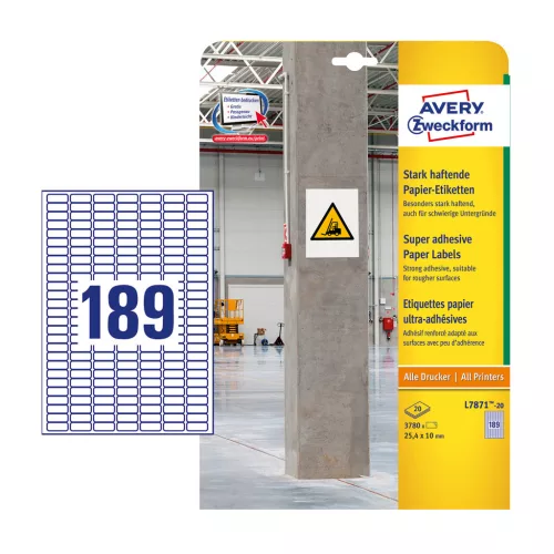 Etikett címke, 25,4 x10mm, szuper tapadású 189 címke/ív, 20 ív/doboz, Avery fehér