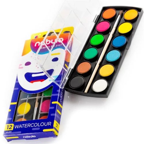 Vízfesték készlet, 12db-os, 23mm. festékgombokkal ecsettel, Nebulo