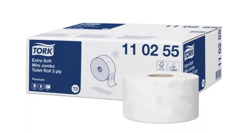 Toalettpapír 3 rétegű közületi átmérő: 18,7 cm 600 lap/120 m/tek 12 tek/karton Extra Soft Mini Jumbo Tork_110255 fehér